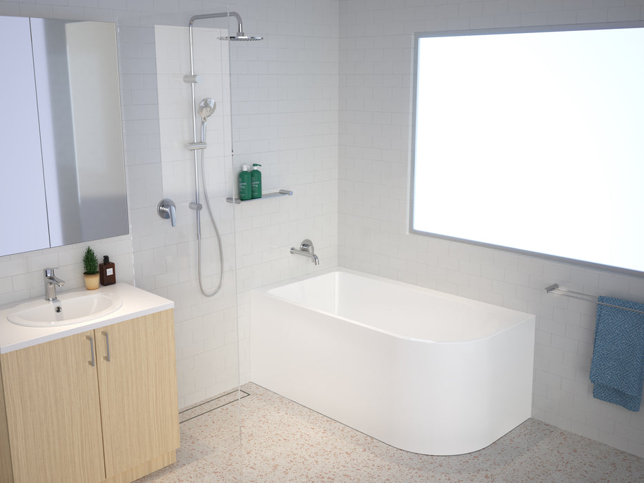 Display bathroom of left hand corner Origin bath with Chrome tapware