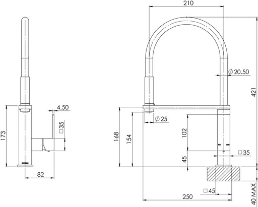 Vezz Flexible Hose Sink Mixer (Square) (Line Drawing)