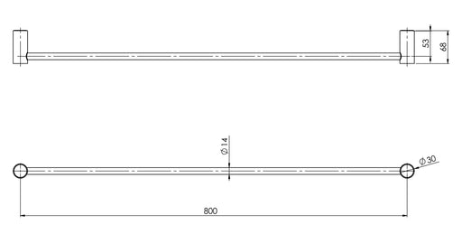 Vivid Slimline Single Towel Rail 800mm (Matte Black) (Line Drawing)
