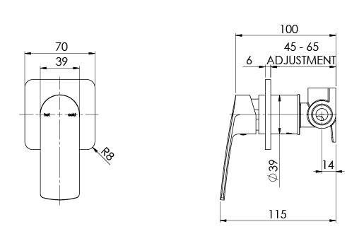 Mekko Shower Wall Mixer (Matte Black) (Line Drawing)