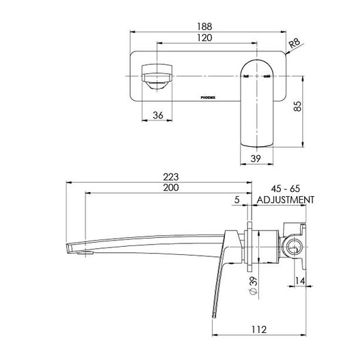 Mekko Wall Basin/Bath Mixer Set 200mm (Line Drawing)