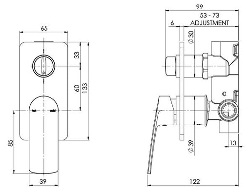 Mekko Shower/Bath Mixer with Diverter  (Line Drawing)