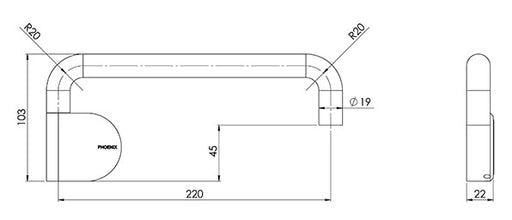 Phoenix Designer Wall Swival Bath Outlet Round (Line Drawing)
