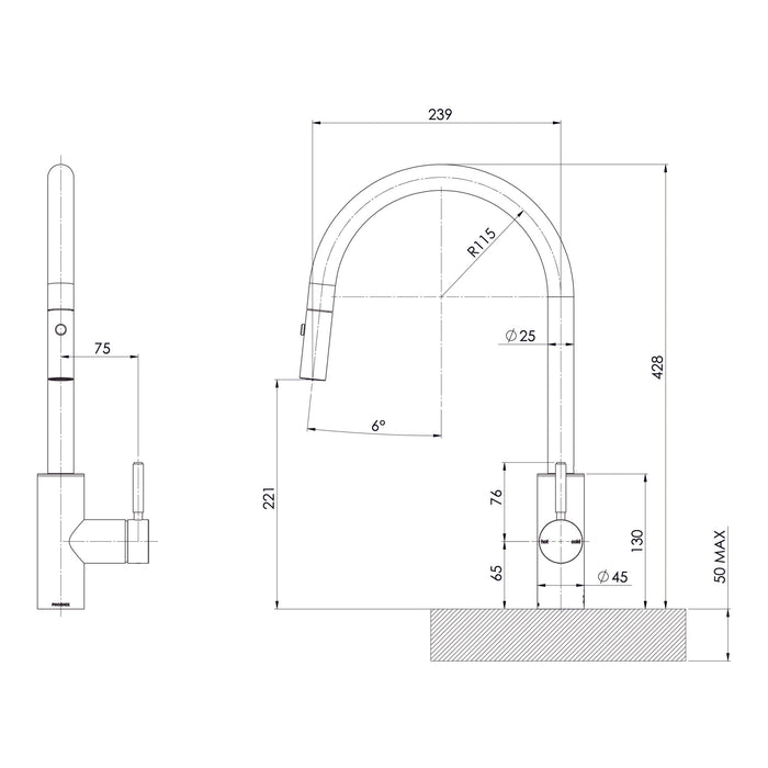 Specification Line Drawing for Vivid MkII Pullout Sink Mixer