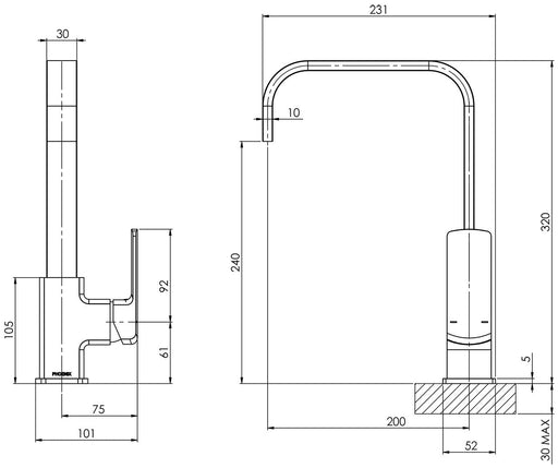 Teva Sink Mixer 200mm Squareline (Matte Black) (Line Drawing)