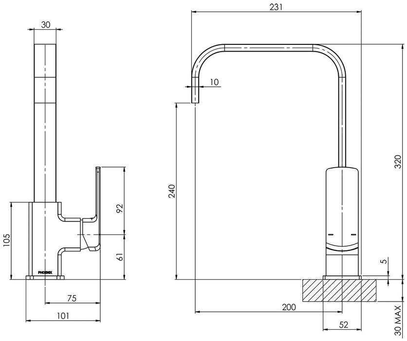 Teva Sink Mixer 200mm Squareline (Matte Black) (Line Drawing)