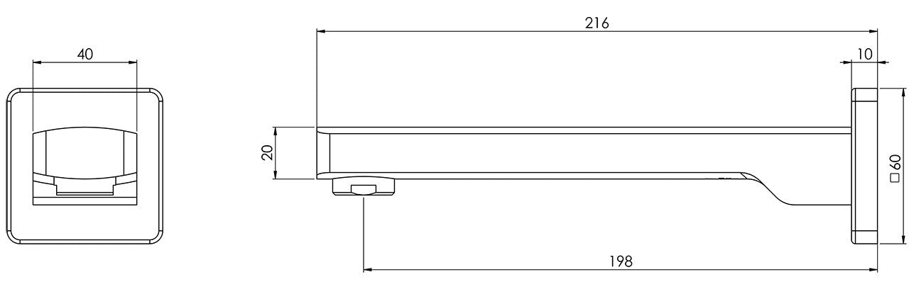 Teva Wall Bath Outlet 200mm (Chrome) (Line Drawing)