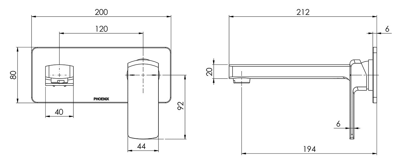 Teva Wall Mixer Set 200mm Trim Kit Only (Chrome) (Line Drawing)