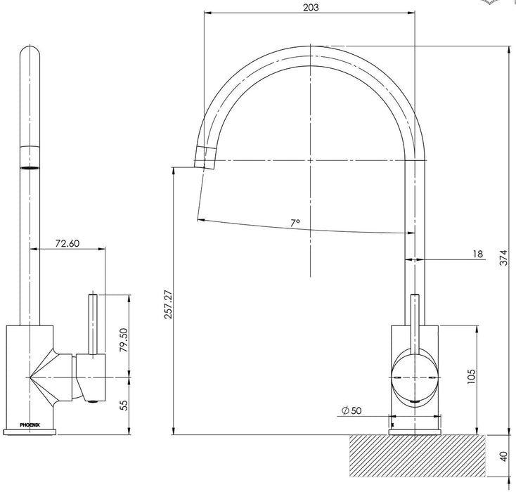 Pina Sink Mixer 20mm Gooseneck (Matte Black) (Line Drawing)