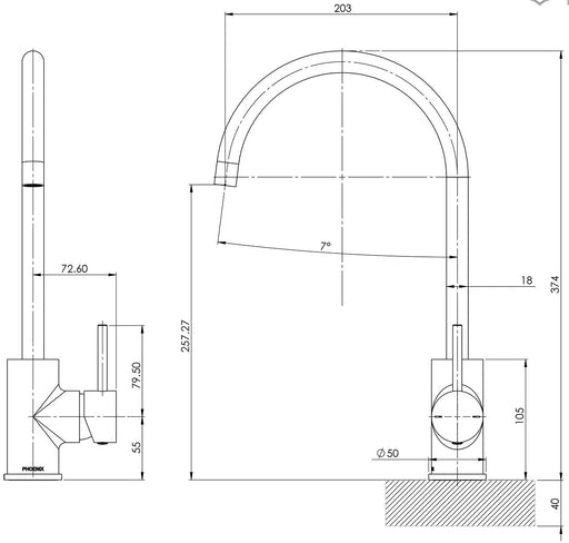 Pina Sink Mixer 20mm Gooseneck (Chrome) (Line Drawing)