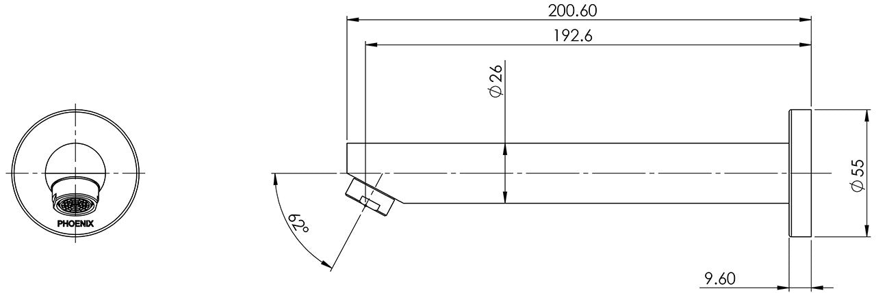 Pina Wall Bath Outlet 180mm (Chrome) (Line Drawing)