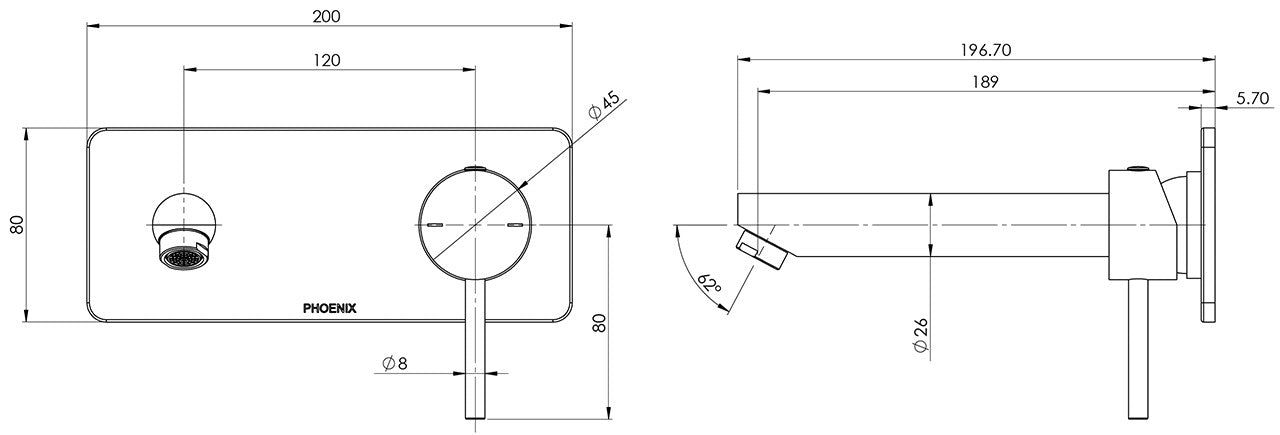 Pina Wall Mixer Set 180mm Trim Kit Only (Matte Black) (Line Drawing)