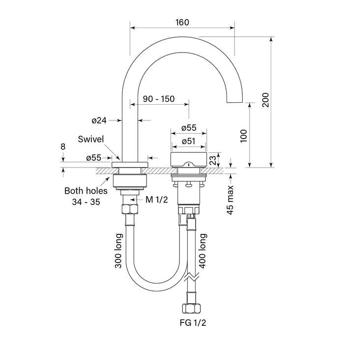 Specification Line Drawing with Basin Spout