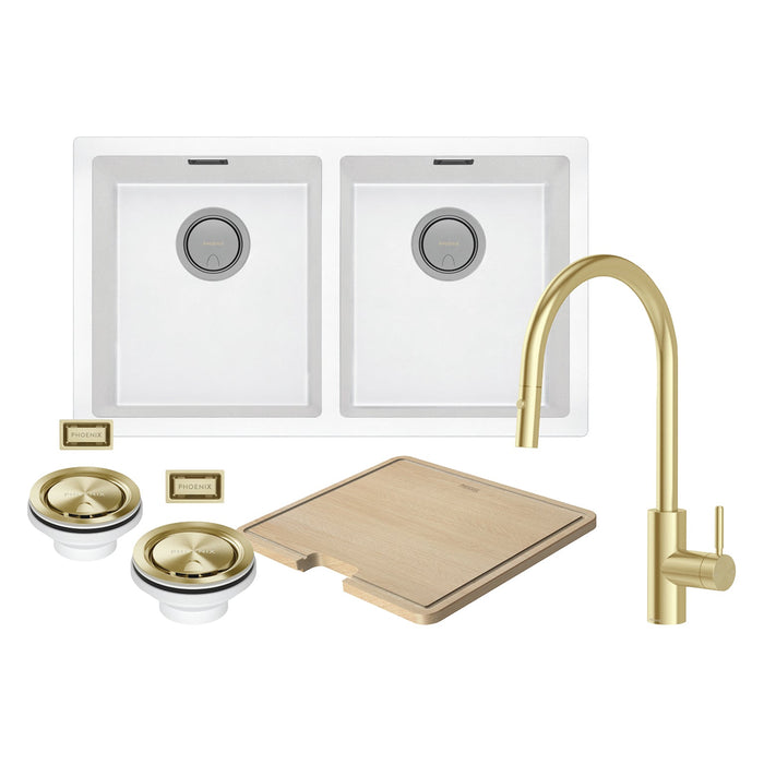 Phoenix Tapware Kitchen Sink Package 2 - Matte White Sink & Brushed Gold Mixer