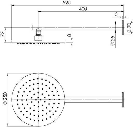 Vivid Slimline SS 316 Shower Arm and Rose (Line Drawing)