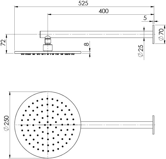 Vivid Slimline SS 316 Shower Arm and Rose (Line Drawing)