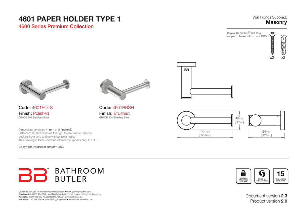 Bathroom Butler | Paper Holder Type 1 Right Facing | 4600 Series (Multiple Finish Options)