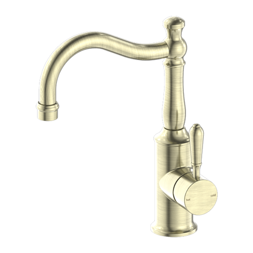 York Basin Mixer with Hook Spout (Aged Brass) with metal lever