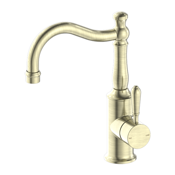 York Basin Mixer with Hook Spout (Aged Brass) with metal lever