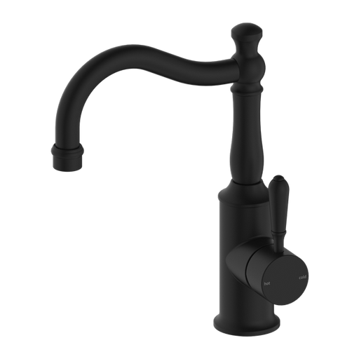 York Basin Mixer with Hook Spout (Matte Black) with Metal Lever