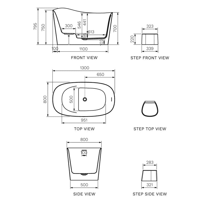 Parisi Soak 1300 Freestanding Bath with Overflow and Step (Multiple Finish Options)