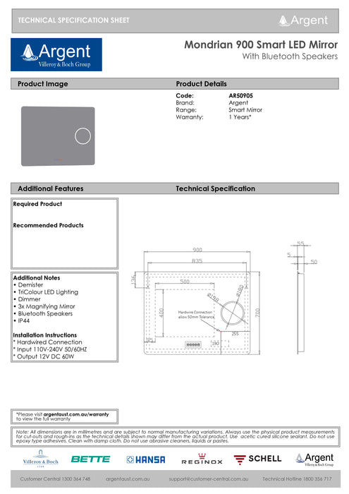 Argent Mondrian Smart LED Mirror With Bluetooth Speakers (Multiple Sizes)