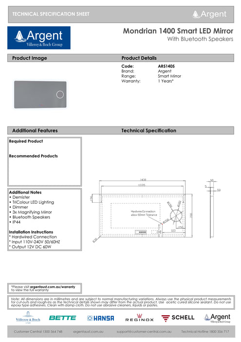 Argent Mondrian Smart LED Mirror With Bluetooth Speakers (Multiple Sizes)