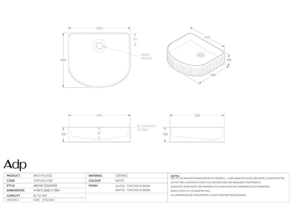 Arch Fluted Above Counter Basin Specs