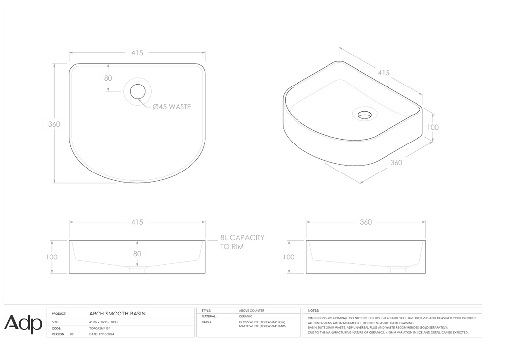 Arch Smooth Above Counter Specs