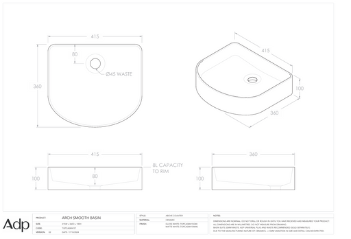Arch Smooth Above Counter Specs