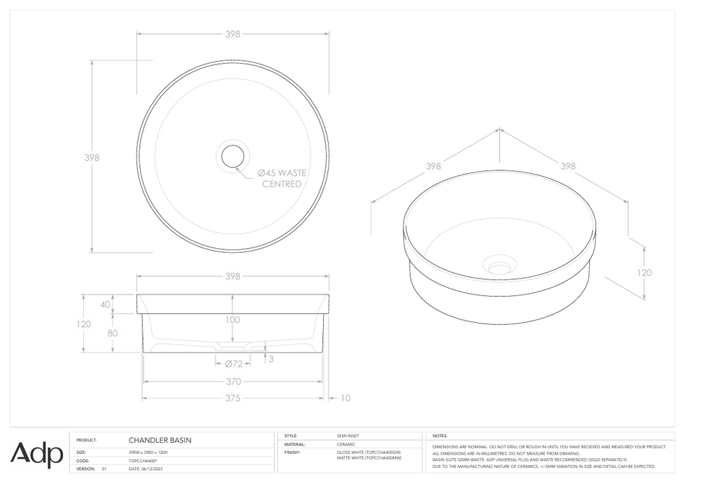 Chandler Semi Inset Basin Gloss White Specs