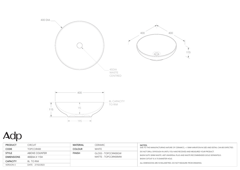 Circuit Above Counter Basin Specs