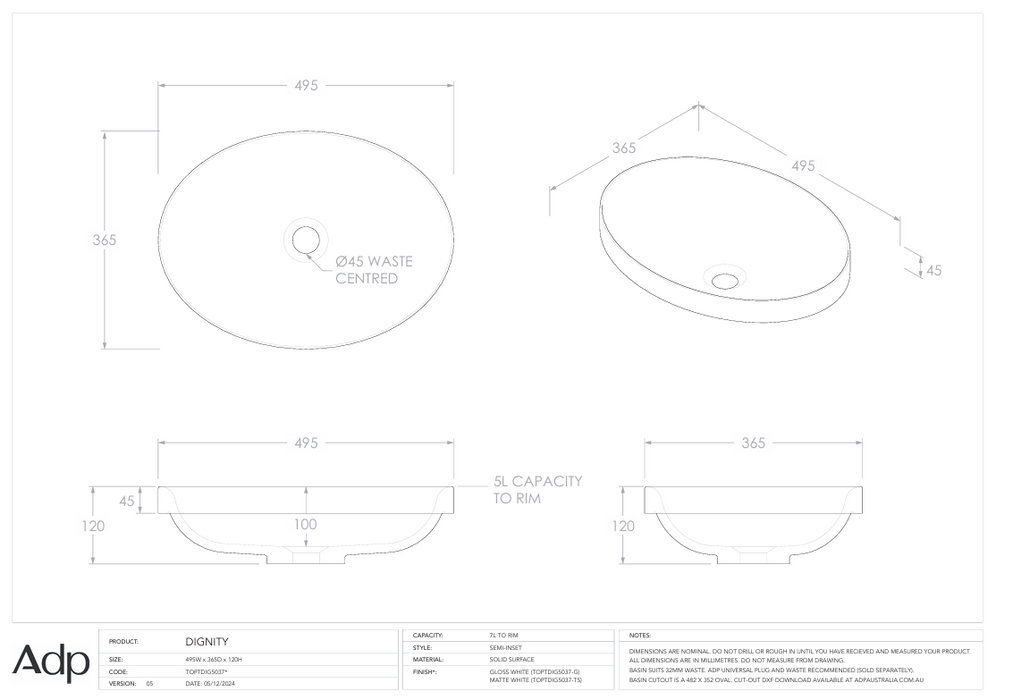 Dignity Inset Basin Specs