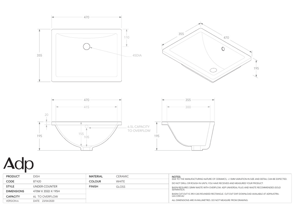 Dish Undercounter Basin Specs