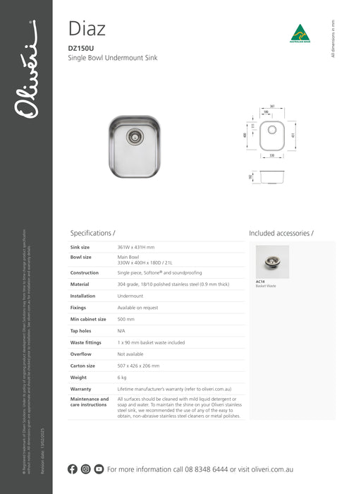 Diaz Standard Bowl Undermount Sink - DZ150U- Oliveri