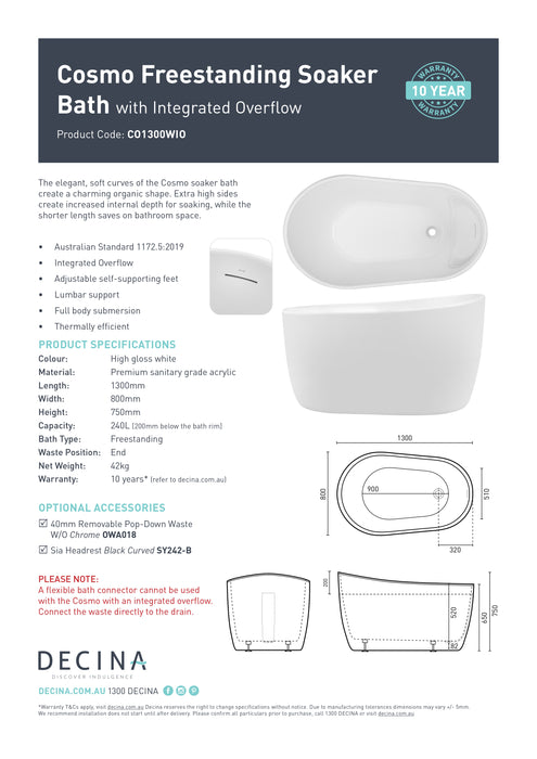 Decina Cosmo 1300 Freestanding with Integrated Overflow