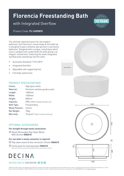 Decina Florencia 1400 Freestanding Bath
