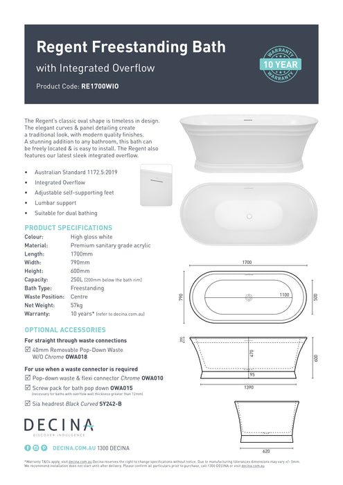 Decina Regent 1700 Freestanding Bath with Integrated Overflow