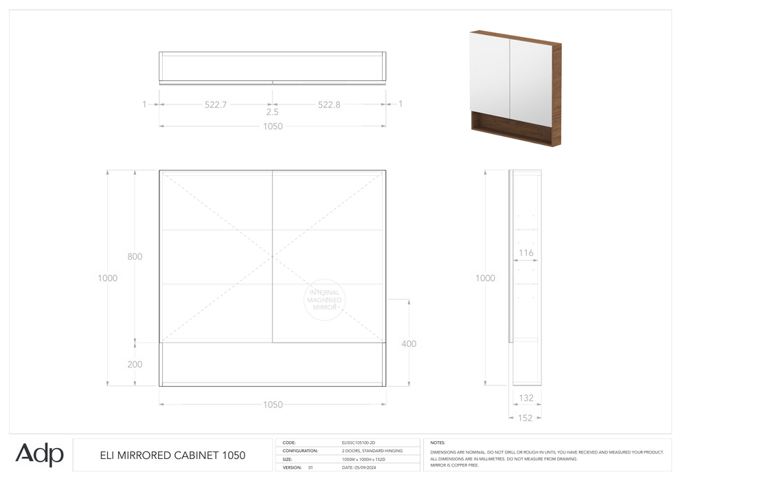 Eli Mirrored Cabinet 1050 (Multiple Colour Options)