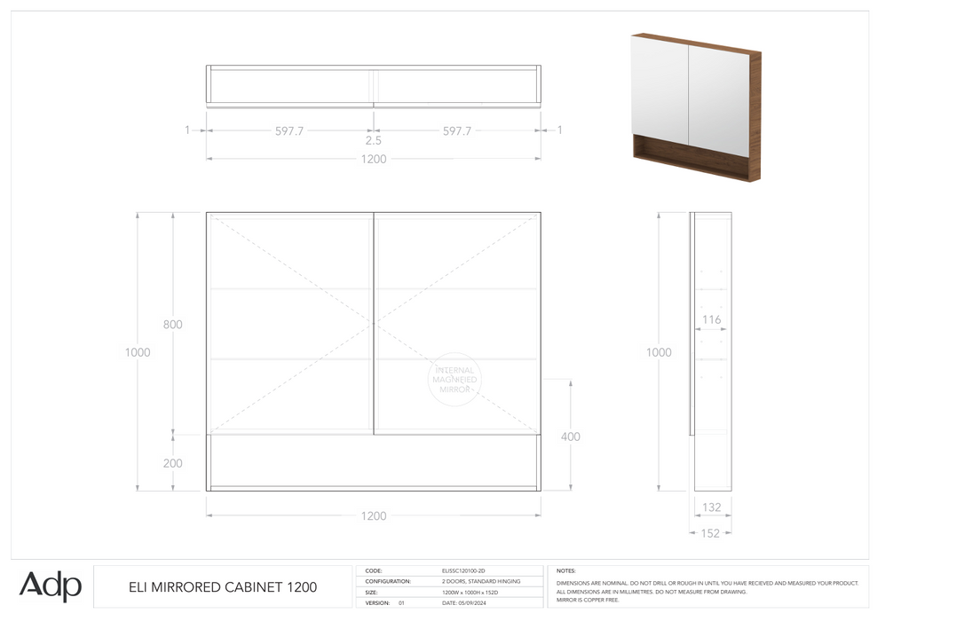Eli Mirrored Cabinet 1200 (Multiple Colour Options)