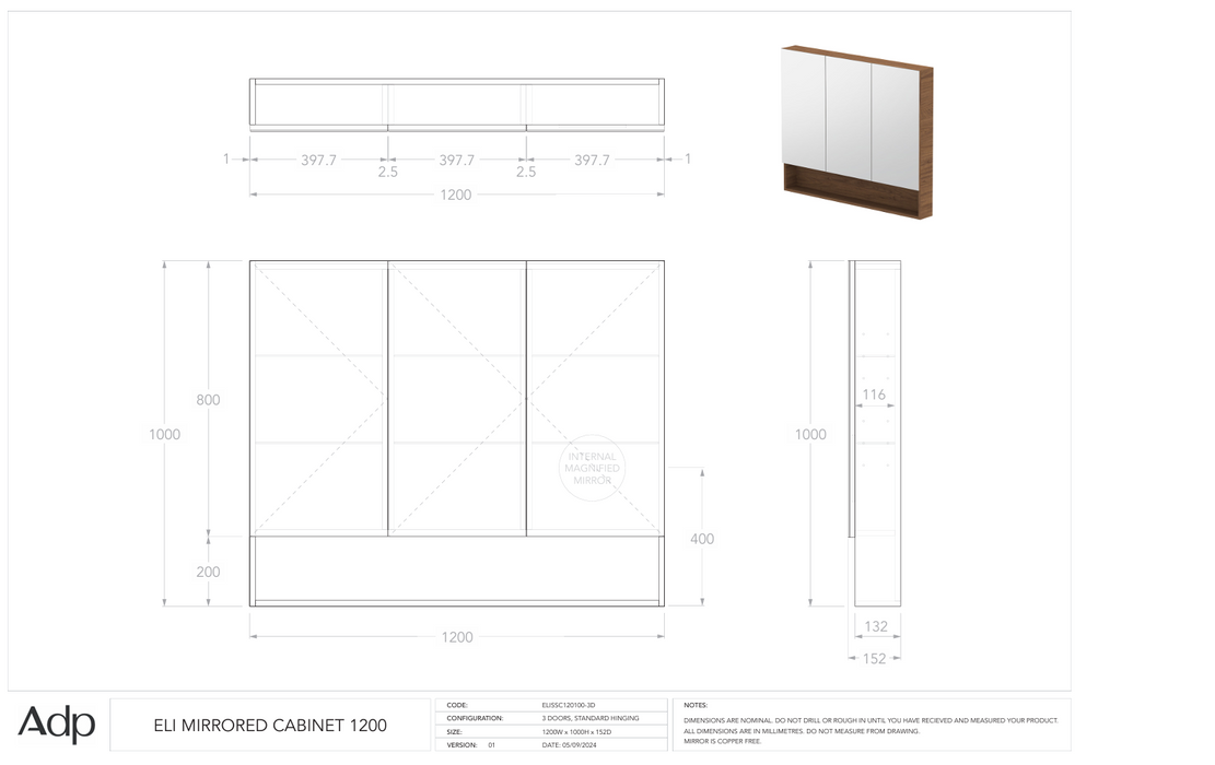 Eli Mirrored Cabinet 1200 (Multiple Colour Options)