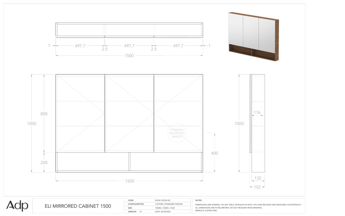 Eli Mirrored Cabinet 1500 (Multiple Colour Options)