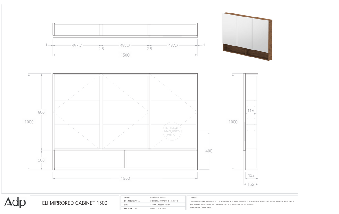 Eli Mirrored Cabinet 1500 (Multiple Colour Options)