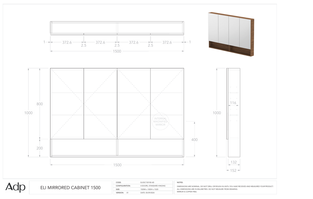Eli Mirrored Cabinet 1500 (Multiple Colour Options)