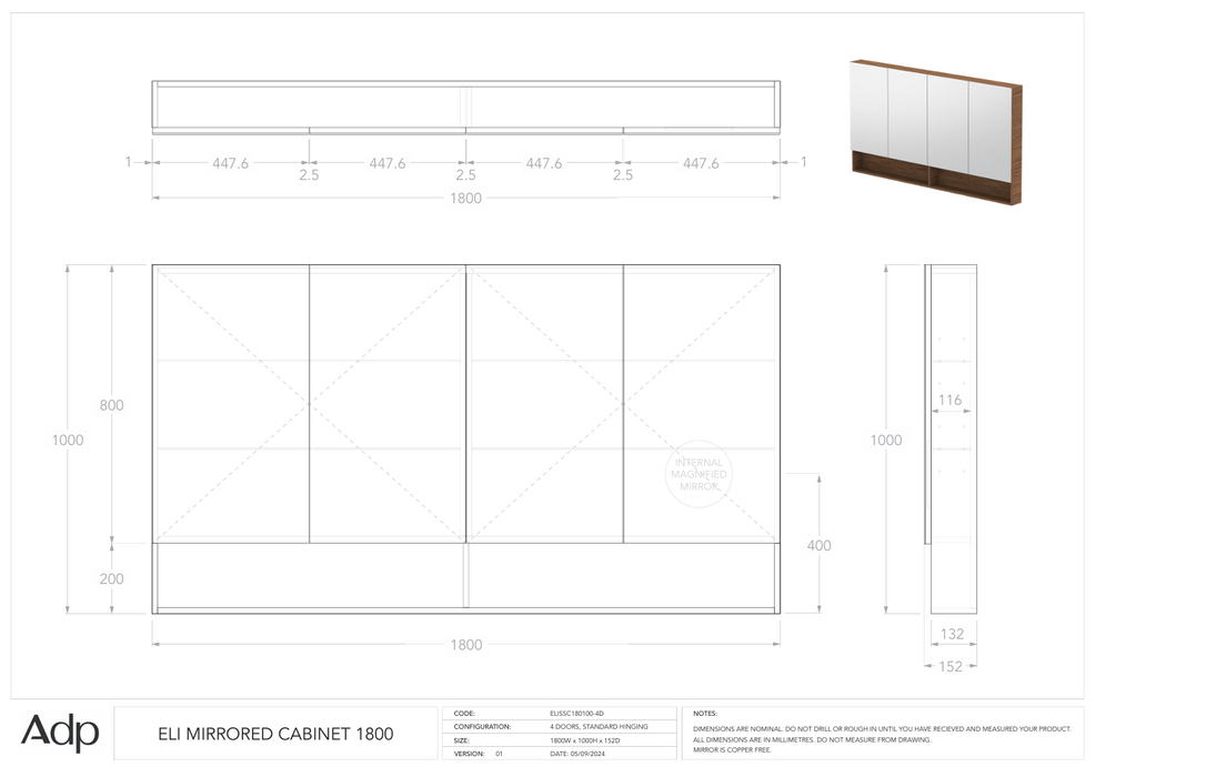 Eli Mirrored Cabinet 1800 (Multiple Colour Options)