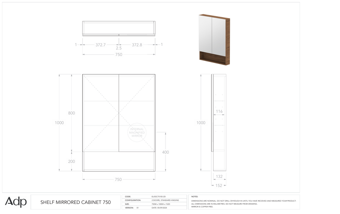 Eli Mirrored Cabinet 750 (Multiple Colour Options)