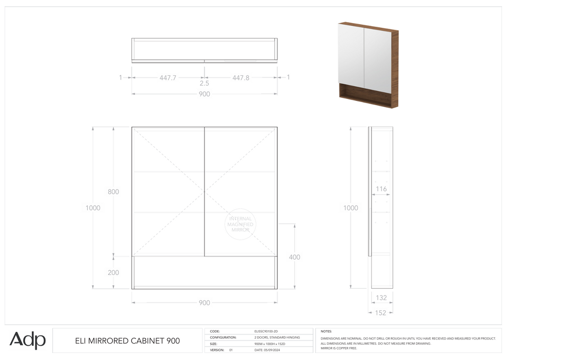 Eli Mirrored Cabinet 900 (Multiple Colour Options)