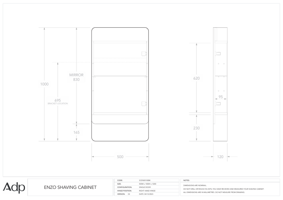 Enzo Mirrored Cabinet Specs