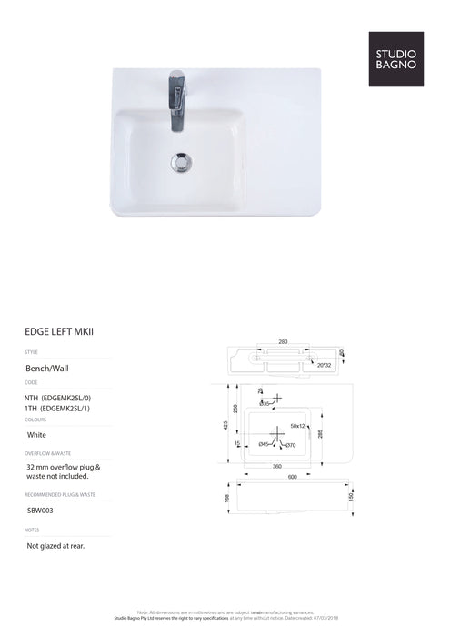 Edge MK2 Square Wall Hung (Left or Right Basin)