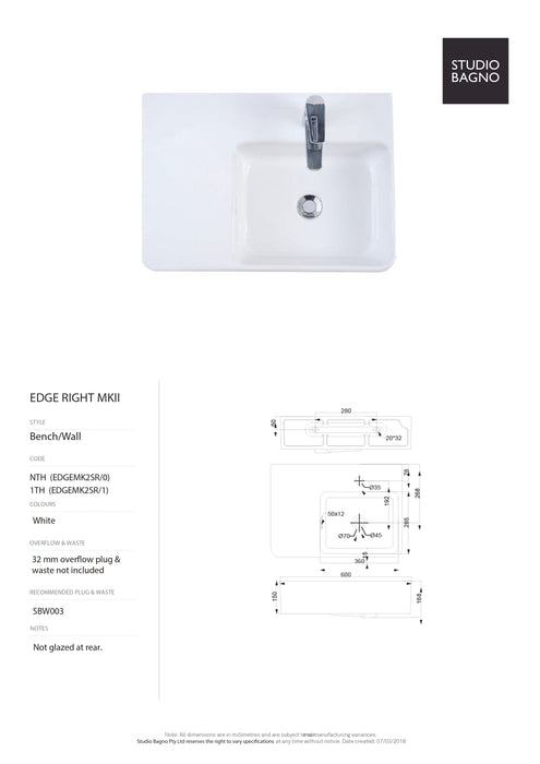 Edge MK2 Square Wall Hung (Left or Right Basin)